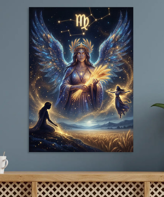 Virgo Zodiac Angel with Wheat — metal poster wall art by Lineer